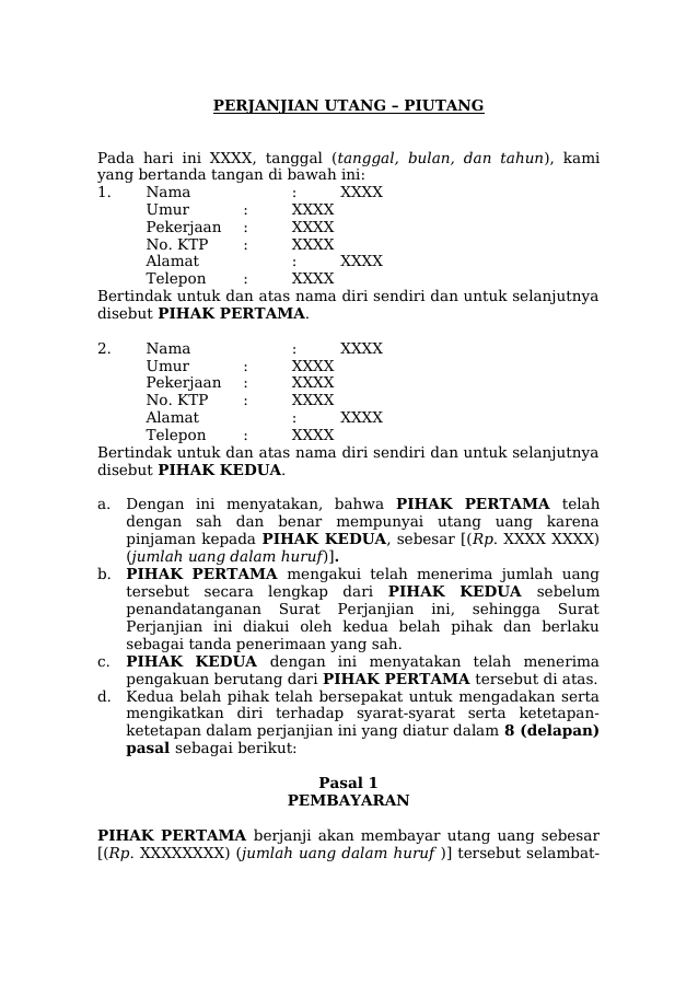 Pratinjau halaman pertama Perjanjian Utang Piutang