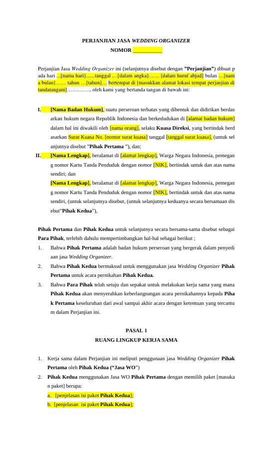 Pratinjau halaman pertama Perjanjian Jasa Wedding Organizer