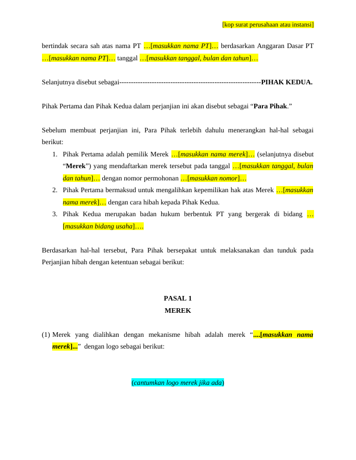 Pratinjau Perjanjian Pengalihan Hak Atas Merek Dengan Hibah halaman 2