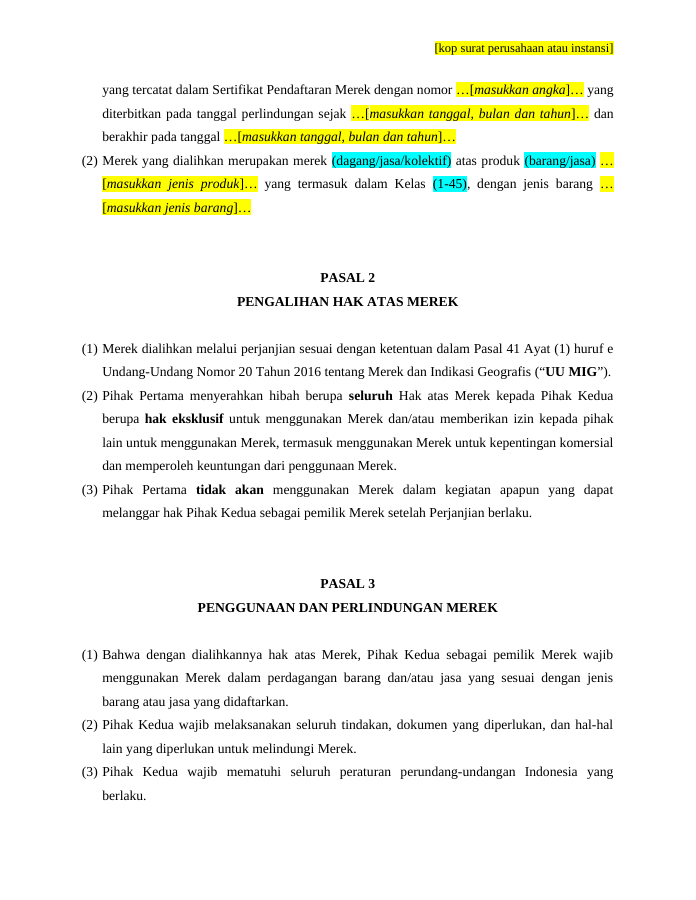 Pratinjau Perjanjian Pengalihan Hak Atas Merek Dengan Hibah halaman 3