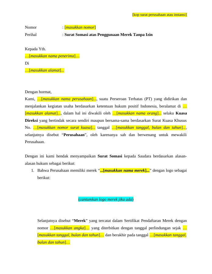 Pratinjau Surat Somasi Atas Penggunaan Merek Tanpa Izin