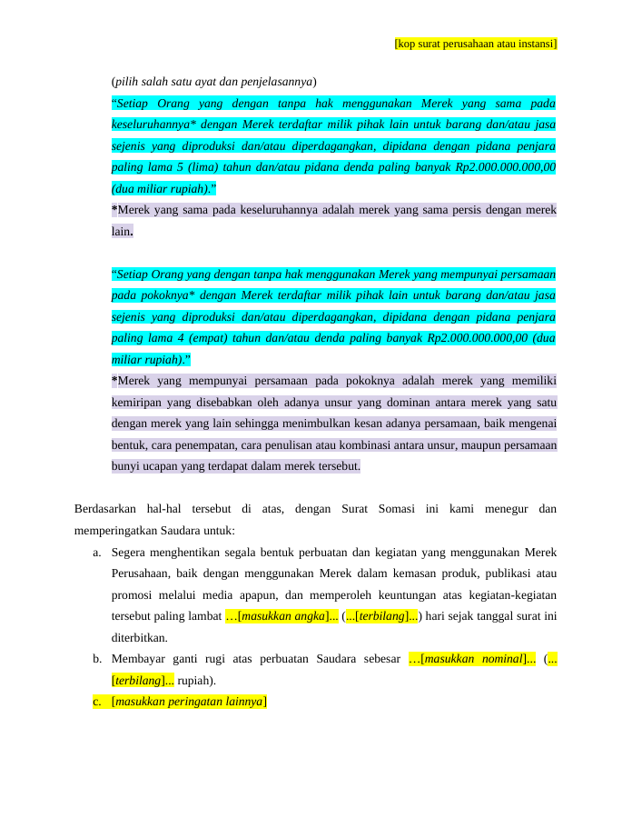 Pratinjau Surat Somasi Atas Penggunaan Merek Tanpa Izin halaman 3