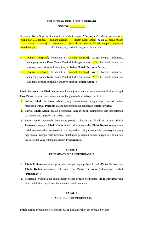 Pratinjau Perjanjian Kerja Supir