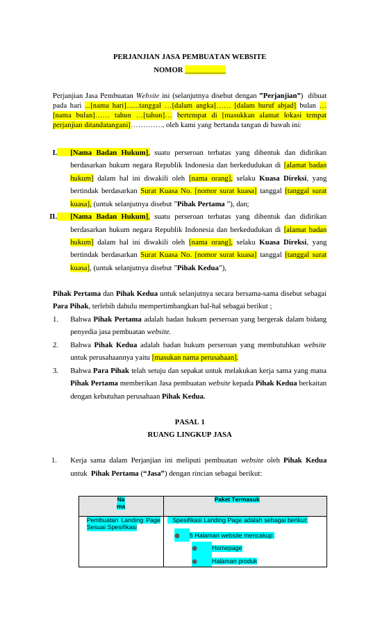 Pratinjau Perjanjian Jasa Pembuatan Website