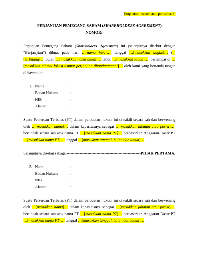 Pratinjau Perjanjian Pemegang Saham (Shareholder Agreement)
