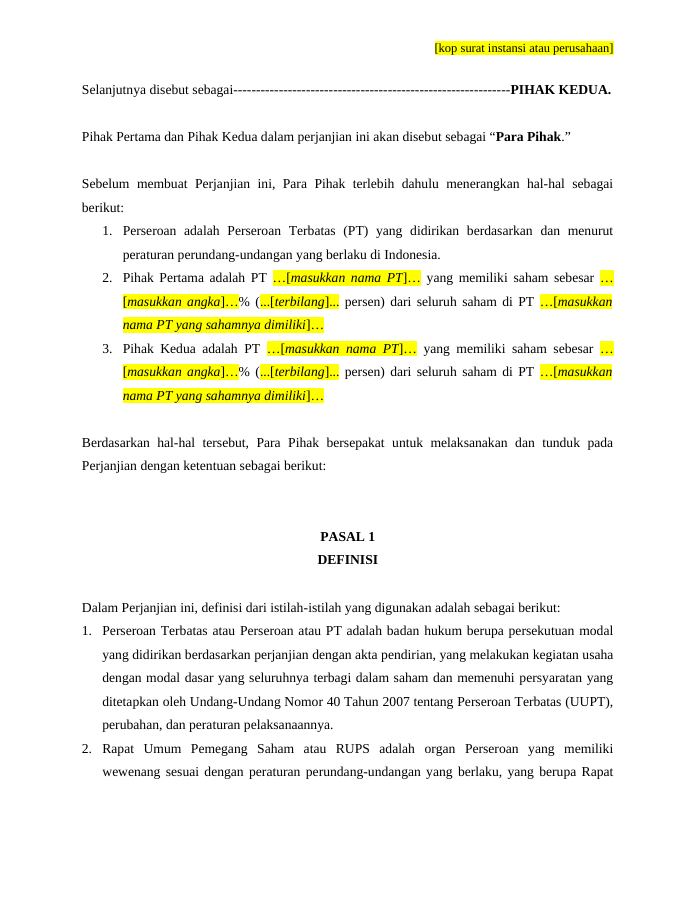 Pratinjau Perjanjian Pemegang Saham (Shareholder Agreement) halaman 2