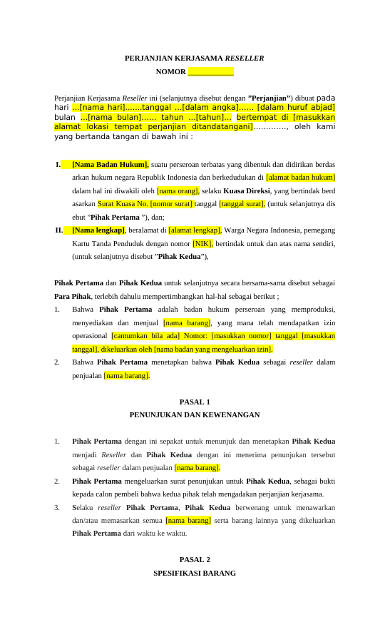 Pratinjau Perjanjian Kerjasama Reseller