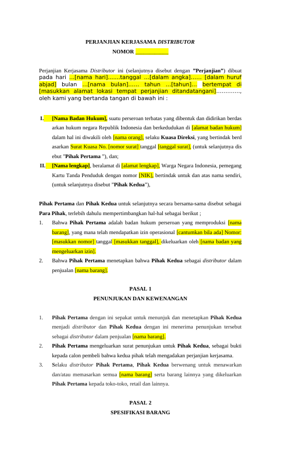 Pratinjau Perjanjian Kerjasama Distributor halaman 1
