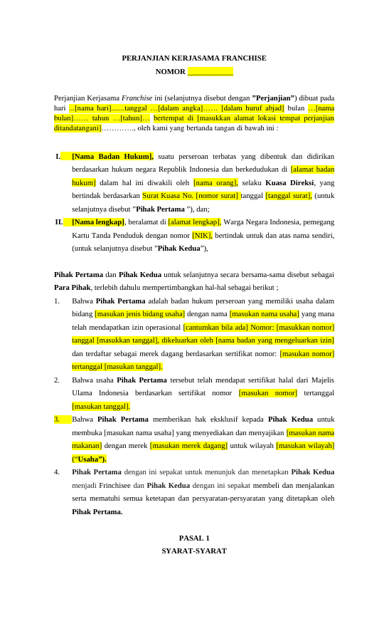 Pratinjau Perjanjian Kerjasama Franchise