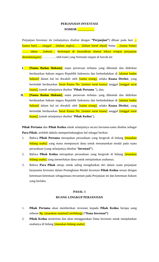 Pratinjau halaman pertama Perjanjian Investasi