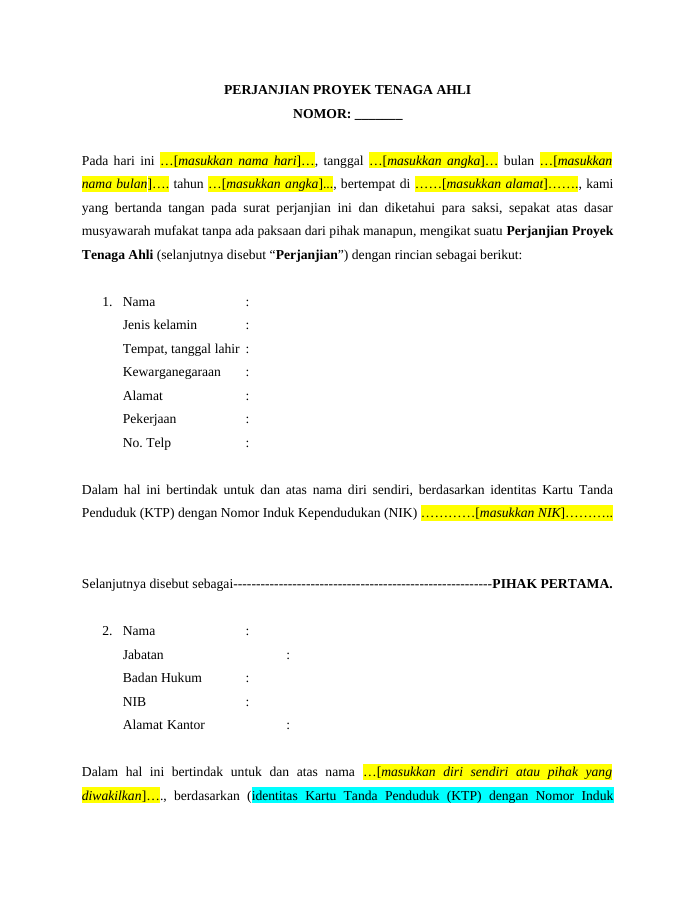 Pratinjau Perjanjian Proyek Tenaga Ahli