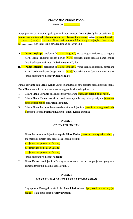 Pratinjau Perjanjian Pinjam Pakai