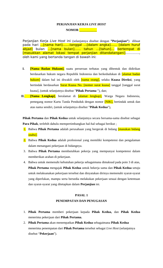 Pratinjau Perjanjian Kerja Host Live halaman 1