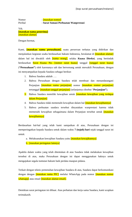 Pratinjau halaman pertama Somasi Wanprestasi