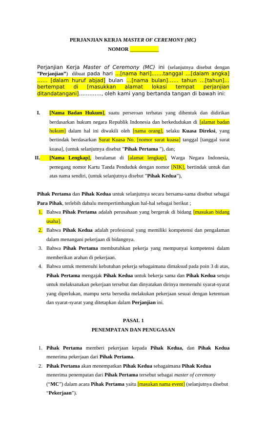 Pratinjau Perjanjian Kerja MC