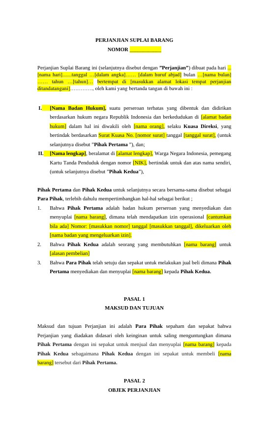 Pratinjau Perjanjian Supplier (Perjanjian Suplai Barang)