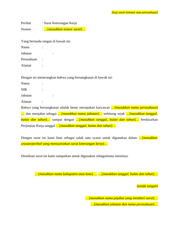 Pratinjau Surat Keterangan Kerja Dari HRD halaman 1