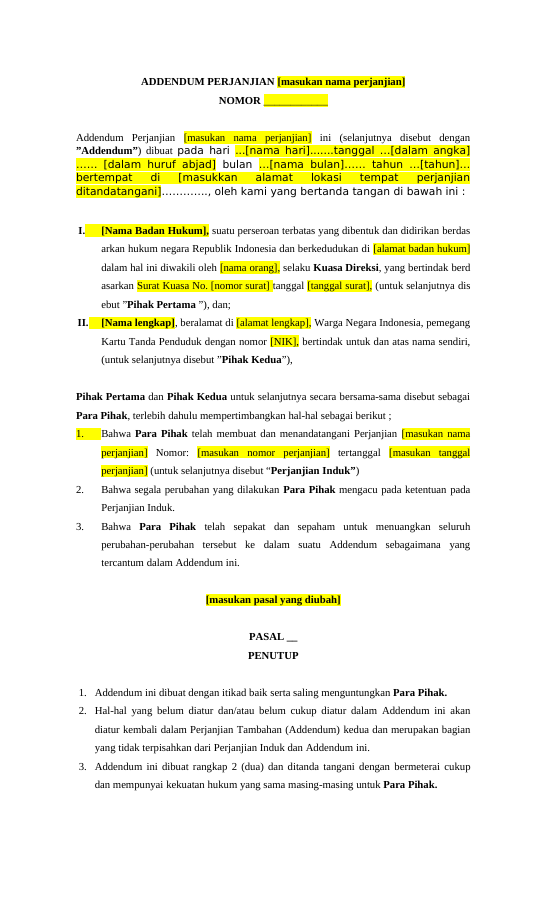 Pratinjau Perjanjian Tambahan (Addendum) halaman 1